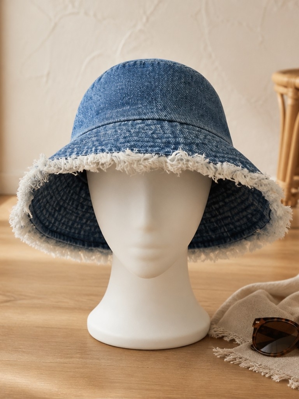 Sonoma Blue Denim Bucket Hat with Frayed Edge